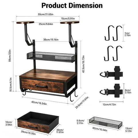 Dimensions of Heavy Duty Wall Mounted Helmet Rack With 4 Hanging Hooks, Drawer And Mesh Basket, All In One Gear Organizer.