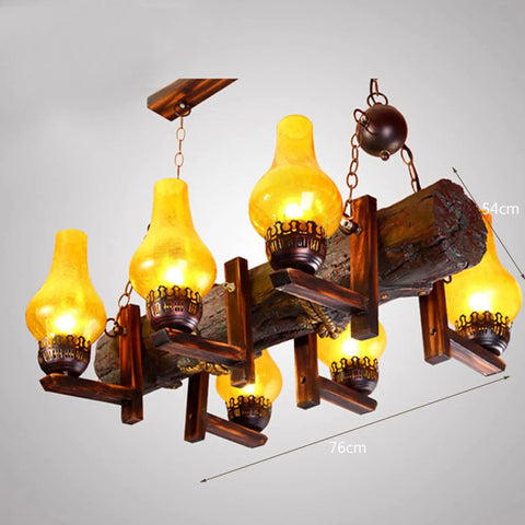 Rustic 6 Light Wooden Glass Barn Chandelier Hanging Ceiling Lamp Fixture Vintage Industrial Bar Pub Restaurant Decor Badass Lighting For A Sick Kickback Lounge Setup With Warm Glow with six frosted glass bulbs on a timber frame.