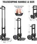Telescoping handle and size details of the Straight Up Heavy Duty Folding Hand Truck With Seven Inch Solid Rubber Wheels.