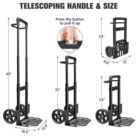 Telescoping handle and size details of the Straight Up Heavy Duty Folding Hand Truck With Seven Inch Solid Rubber Wheels.