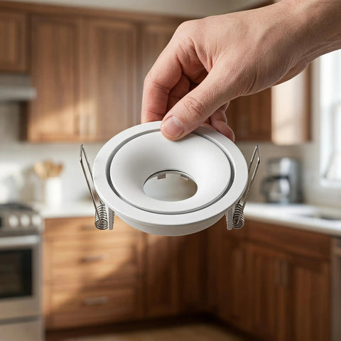 OUNONA Recessed Lighting Trims: Spotlight Downlight Holder, MR16/GU10 Retrofit in white held by hand in a kitchen.
