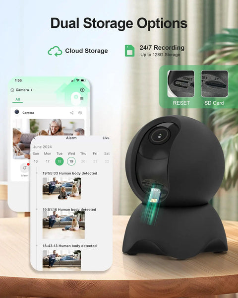 Straight Up Reliable Indoor Security Cam With Smooth 1080P HD Stream And Effortless Dual Band WiFi Pairing For Pets And Little Ones With Solid Night Vision Instant Motion Pings Two Way Chat And Plug Play SD Or Cloud Backup with dual storage options displayed on phone and camera