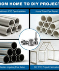 Three Piece PVC Pipe Threading Tool Set For One Half Inch, Three Quarter Inch, And One Inch Pipes With Dual Internal And External Threaders, Carbon Steel Construction And Drill Compatibility For DIY Plumbing By Lustriix, shown with PVC pipes and DIY projects.