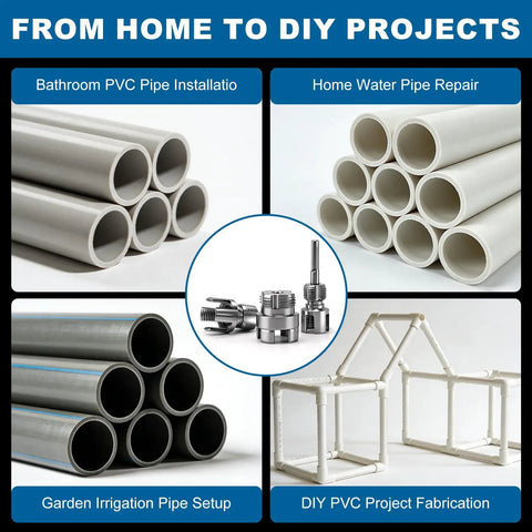 Three Piece PVC Pipe Threading Tool Set For One Half Inch, Three Quarter Inch, And One Inch Pipes With Dual Internal And External Threaders, Carbon Steel Construction And Drill Compatibility For DIY Plumbing By Lustriix, shown with PVC pipes and DIY projects.