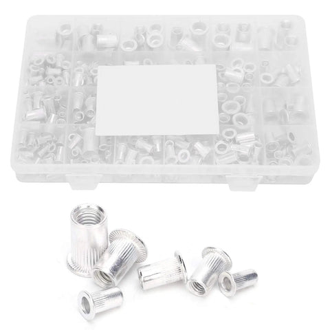 Aluminum Rivet Nut Assortment Kit, 300 Pieces, Threaded Inserts for Metal Plates and Tubes, shown with clear storage case.