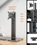 Free Standing Monitor Stand Riser For 13 To 32 Inch LCD Screen With Swivel Height Adjustable Rotation And VESA Compatibility 50x50 75x75 100x100 Holds One Screen Up To 77 Lbs. showing installation options and dimensions.