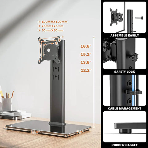 Free Standing Monitor Stand Riser For 13 To 32 Inch LCD Screen With Swivel Height Adjustable Rotation And VESA Compatibility 50x50 75x75 100x100 Holds One Screen Up To 77 Lbs. showing installation options and dimensions.