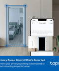 Privacy zone feature of 4K Indoor Pan Tilt Security Cam With 360 Degree Coverage AI Motion Tracking Person And Pet Detection Facial Recognition Works As Baby Monitor No Monthly Fees Local Storage Or Optional Cloud Wired Home Surveillance displayed on app interface with highlighted areas on a room.