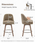 Dimensions of 26 Inch Counter Height Swivel Bar Stools Set Of 2 With Backs Linen Upholstery Solid Wood Legs Mid Century Modern