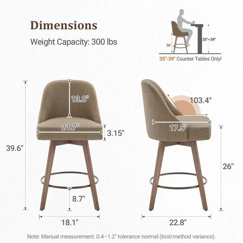 Dimensions of 26 Inch Counter Height Swivel Bar Stools Set Of 2 With Backs Linen Upholstery Solid Wood Legs Mid Century Modern