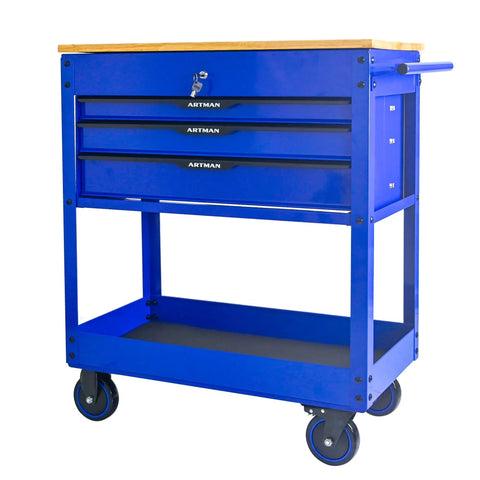 Rolling Tool Cart With Wheels 3 Drawers And A Wooden Top Heavy Duty Mechanics Cabinet For Garage Workshop And Warehouse Ball Bearing Drawers Mobile Tool Storage Cabinet Blue