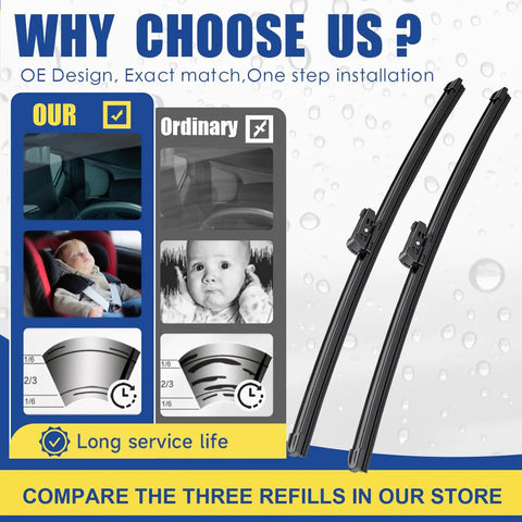Lexus RX350 RX450h Windshield Wiper Blade Set 26 Inch 21 Inch 16 Inch Replacement 3 Pack OE Style Top Lock Not For UJ Hook Arms All Weather Performance Easy Install next to performance comparison chart.