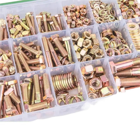 Heavy Duty Hex Nuts And Bolts 608 Piece Kit With Washers Rust Resistant Finish showing assorted bolts and nuts in a storage box.