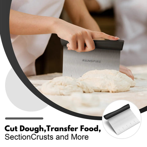 Person using Stainless Steel Bench Scraper With 1 To 6 Inch Measurement Marks For Even Dough Portions, Pastry And Pizza Cutter, Pro Grade Multi Purpose Kitchen Chopper For Veggies And Scraping Baked Sheets, Black on dough