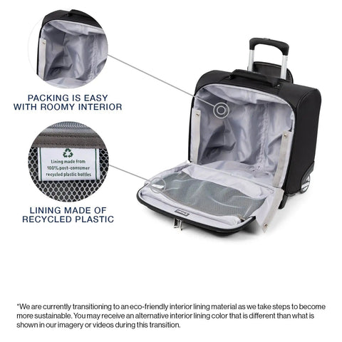 Open Maxlite 5 Softside Underseat Rolling Tote Two Wheel Carry On Bag for Cabin Use showing recycled plastic lining detail.
