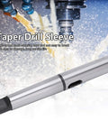 Angled view of lengthened taper drill sleeve, HSS silver with MT4-MT3 Morse adapter for lathe/milling CNC fixtures