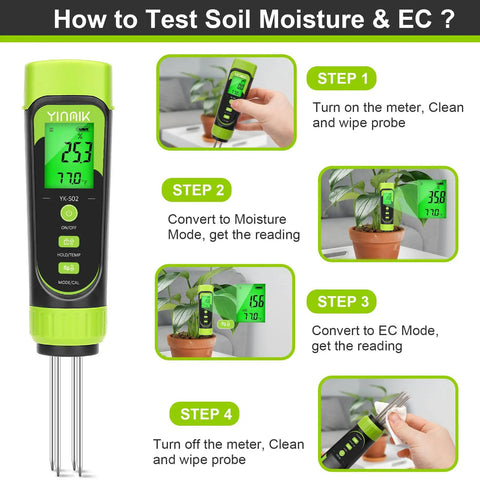 All In One Digital Soil Moisture And EC Meter For Indoor Plants And Gardens No Guesswork Quick Accurate Hygrometer For Watering Potted Plants Garden Beds Compost Nurseries And Farmers. Green handheld meter with probe showing soil moisture and EC steps