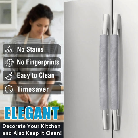 Refrigerator Door Handle Covers Set Of 6 Trim To Fit Washable Fridge Handle Protector Keeps Dirty Handprints Off No Hassle Easy Timesaver Kitchen Decor Gray Looks Great shown on handles.