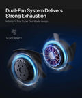 Inline duct fan system with two 5-inch fans and blue glow, front view.