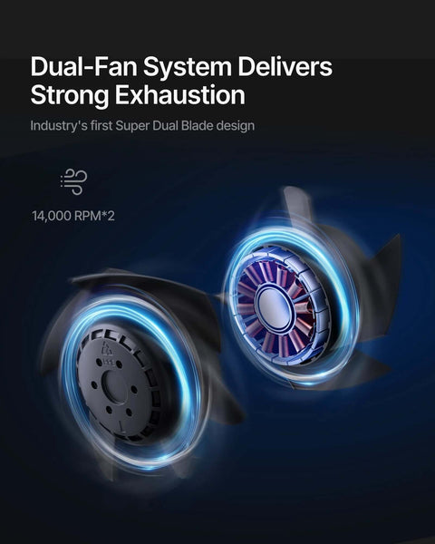 Inline duct fan system with two 5-inch fans and blue glow, front view.