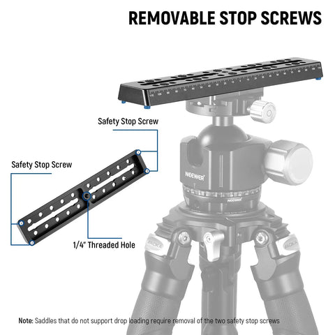 9 Inch Vixen Style Dovetail Rail Plate with Metal Mounting Saddle on tripod showing slots and screws for OTA Telescope and Equatorial Tripod.
