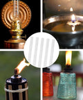 Long Life Fiberglass Torch Wicks 10 Inch Replacement Wicks for Tiki Torches and Oil Lamps shown in various lanterns