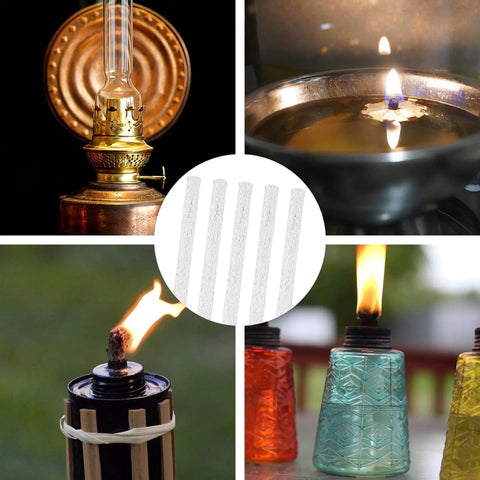 Long Life Fiberglass Torch Wicks 10 Inch Replacement Wicks for Tiki Torches and Oil Lamps shown in various lanterns