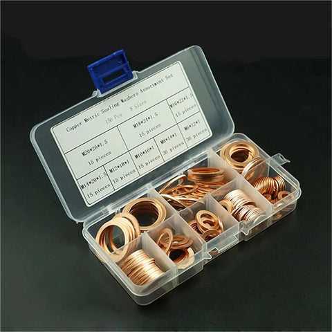 Top Notch Flat Copper Washers 150Pc Assortment Heat Resistant Oil Seal Gaskets For Auto Sump Plugs M6 M8 M10 M12 M14 M16 M18 Fits Cars With Organizer Box, assorted copper washers in storage case