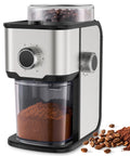 Ollygrin Flat Burr Coffee Grinder With Adjustable Grind Settings For Espresso French Press Capsule, compact stainless steel design with ground coffee.