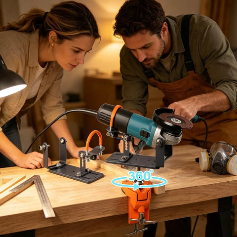 Adjustable Angle Grinder Holder with a Savage Grip Vise Base for Crushing Grinding Jobs and Polishing Tasks Featuring 360 Degree Swivel Action and Benchtop Mount being used by two people.