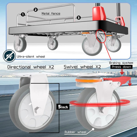 Heavy Duty Flatbed Cart With Wheel Brakes And Foldable Platform Truck showing wheel details and braking system for easy movement.