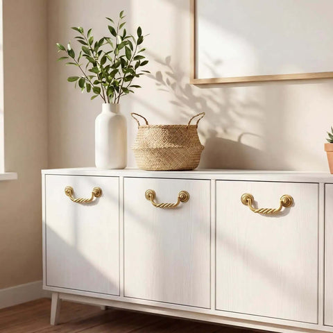Six Pack 4.5 Inch Center To Center Drawer Pulls Antique Drop Bail Handles Vintage Style Gold Finish on white cabinet