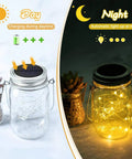 Daytime charging and nighttime glow of Three Pack Mason Jar Solar Lights Lids With Fairy LED Lights Outdoor Waterproof Lanterns