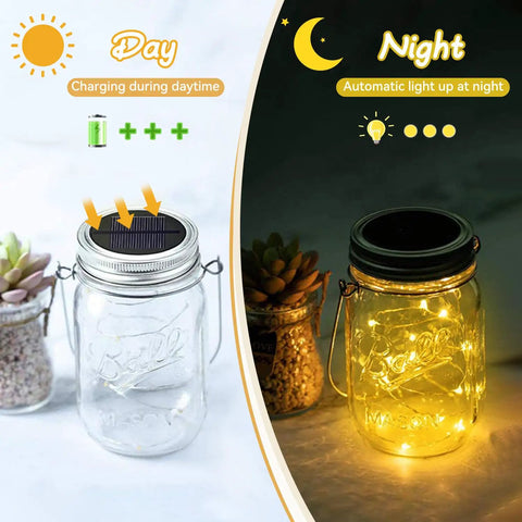 Daytime charging and nighttime glow of Three Pack Mason Jar Solar Lights Lids With Fairy LED Lights Outdoor Waterproof Lanterns