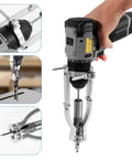 Heavy Duty Square Hole Drill Bit Adapter With Four Precision Bits, Pro Level Mortising Attachment For Drill Press in use with drill.