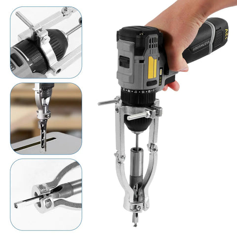 Heavy Duty Square Hole Drill Bit Adapter With Four Precision Bits, Pro Level Mortising Attachment For Drill Press in use with drill.
