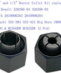 1/4 Inch And 1/2 Inch Router Collet Kit Two Pack For Bosch Hitachi Big Horn, top view of two black and silver collets