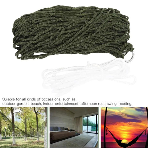Single Person Outdoor Camping Hammock With Breathable Nylon Mesh And Rope, ultra lightweight green nylon fabric with white ropes
