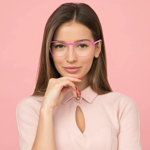 Woman wearing pink Women Safety Glasses With Side Shields Anti Fog Eye Protection For Nurses Adults Blue Light Blocking UV Shield