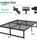 Sturdy Queen Bed Frame With 14 Inch Low Profile Platform Heavy Duty Steel Slat Support No Box Spring Headache For Memory Foam And Pillowtop Mattress Fast Easy Setup dimensions showing queen size 80x60 inches.