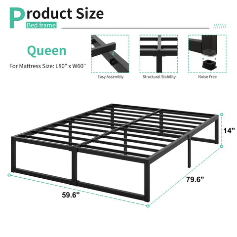 Sturdy Queen Bed Frame With 14 Inch Low Profile Platform Heavy Duty Steel Slat Support No Box Spring Headache For Memory Foam And Pillowtop Mattress Fast Easy Setup dimensions showing queen size 80x60 inches.
