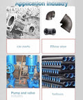 Collage showing components for Industrial applications: car parts, elbow pipe, pumps, valves, and bellows.
