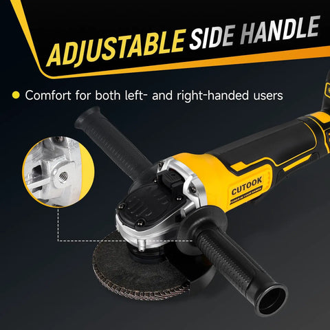 Cordless 4.5 Inch Angle Grinder With 10000 RPM Brushless Motor, showing adjustable side handle for user comfort