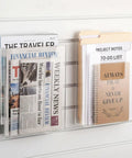 Two Pack Slatwall Magazine Display Pockets Clear Acrylic Literature Holders 8.5 W X 11 H X 2.5 D in use on slatwall
