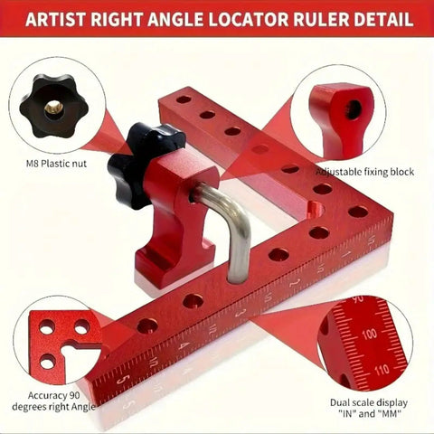 Seven Piece 90 Degree Precision Right Angle Clamp Set For Woodworking And Frame Making Keeps Corners Square In Picture Frames Boxes Drawers And Cabinets Boosting Your Pro Crafting Workflow And Accuracy red metal clamp with dual scale ruler