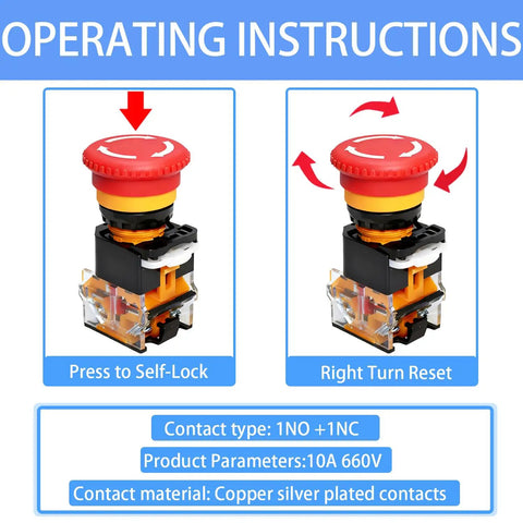 Operating instructions for Emergency Stop Button 10A 660V 1NO 1NC IP67 Waterproof Push Lock Switch For Industrial Machinery