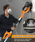User operating Heavy Duty Electric Drywall Sander With Vacuum Dust Collector For Popcorn Ceiling Removal And Smooth Wall Finishing No Dust Hassle Job Site Must Have with LED illumination.