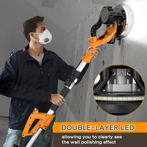 User operating Heavy Duty Electric Drywall Sander With Vacuum Dust Collector For Popcorn Ceiling Removal And Smooth Wall Finishing No Dust Hassle Job Site Must Have with LED illumination.