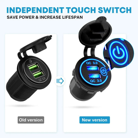 5 Gang 12V Marine Rocker Switch Panel With Waterproof Build, USB Touch Switch And Dual QC3 USB Ports For Boats, Power Saver Toggle, Blue LED Indicator, QC 3.0 port close-up