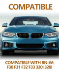 Front view of blue sedan car with bold COMPATIBLE text above and model list below